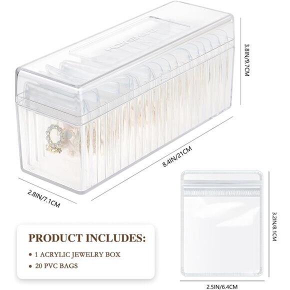 Acrylic Jewelry Box Organizer with 20 Travel Bags for Earrings Rings Necklaces G - Picture 3 of 7